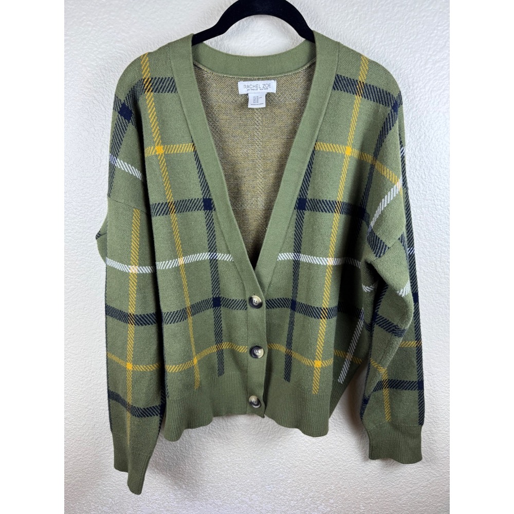 Rachel Zoe Plaid Cardigan Sweater‎ Womens XL Green Knit Preppy Dark Academia